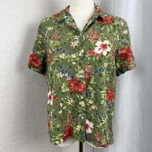 VTG Lemon Grass Top Womens Large Green Floral Button Up Coastal Grandma Garden